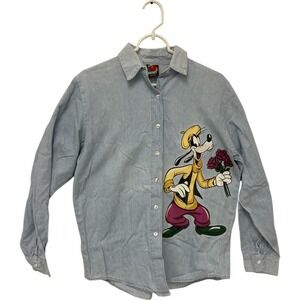 Mickey Mouse Unlimited Jerry Leigh Goofy Print Chambray Denim Shirt‎ Womens S